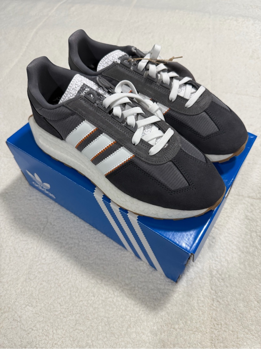 adidas Men's Charcoal Gray Sneakers with White Stripes and Gum Accent